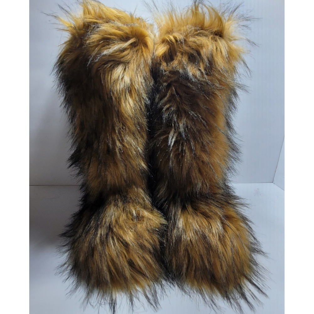 Faux Fur Shaggy Knee High Boot Brown Black Multi Tone Sz 38 Pull On Rave Winter